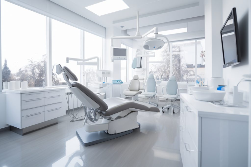 Modernes und helles Behandlungszimmer in einer Zahnarztpraxis mit dentaler Ausstattung, darunter ein Zahnarztstuhl, Leuchten, Monitore und medizinische Geräte. Große Fenster lassen viel Tageslicht herein.